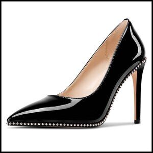 Pointed Toe Stiletto Heels Patent Leather Pumps Elegant Glamorous Beaded Accents